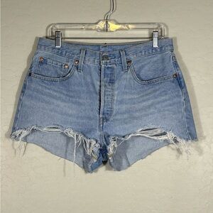 501 Levis high rise short denim button fly short Large Western Boho destroyed
